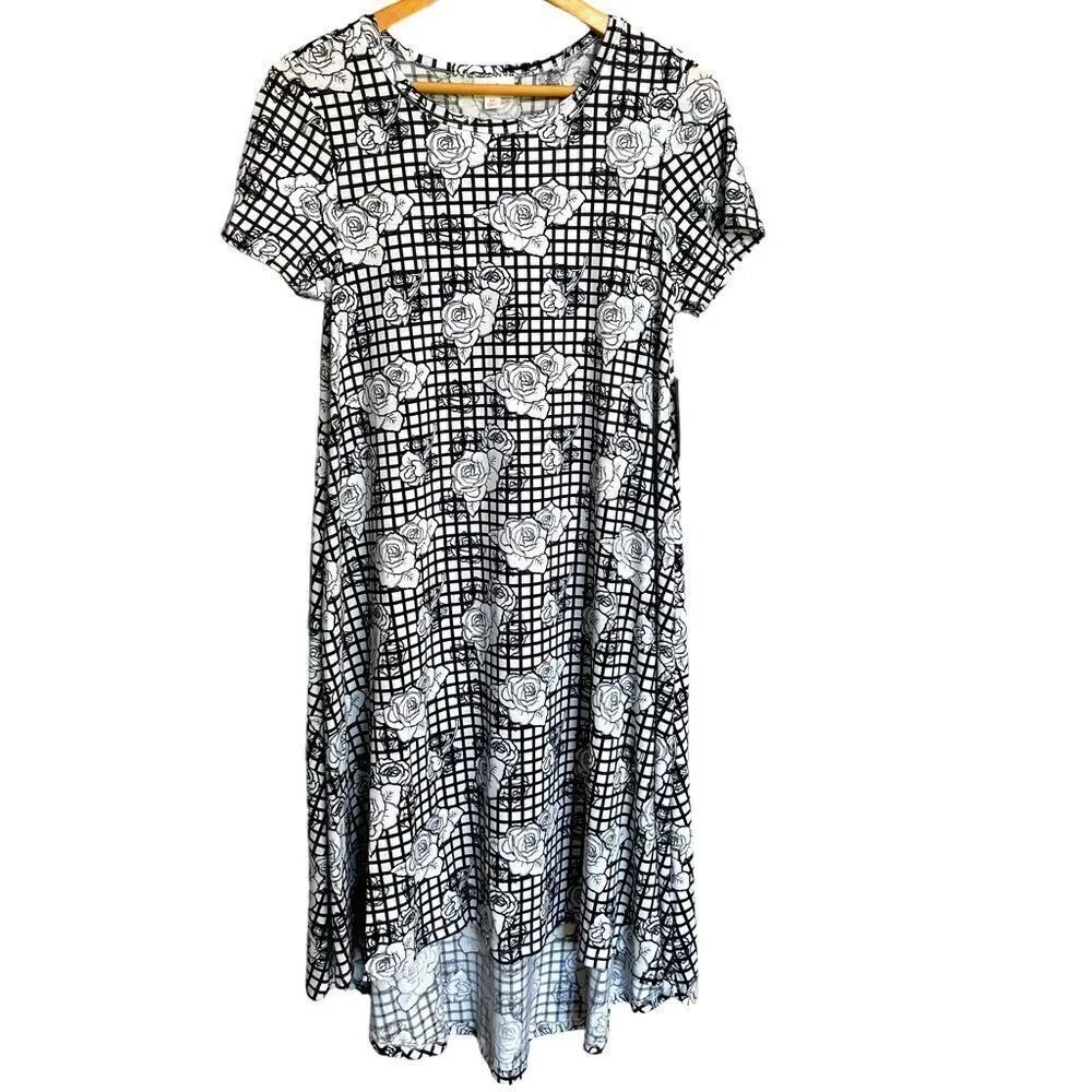 LuLaRoe Carly Swing Dress Black and White Rose Size XS NWT